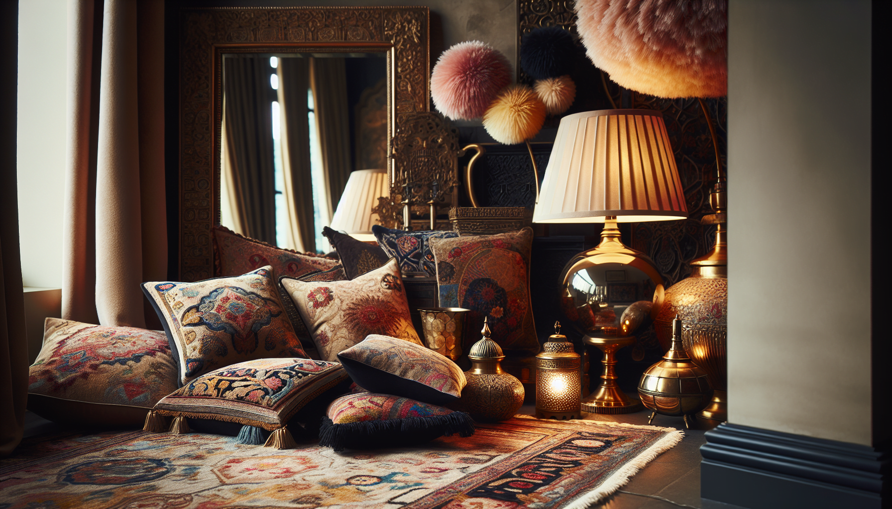 Stylish decor items including rugs, pillows, and lamps
