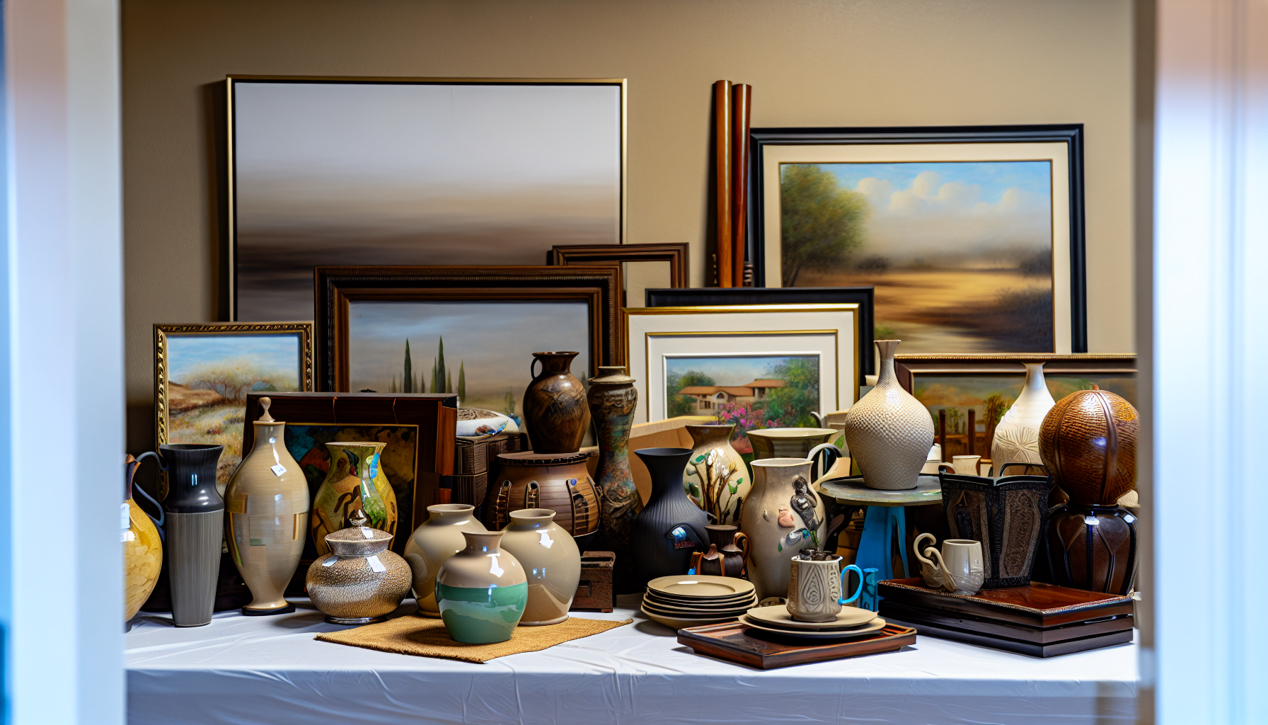 Donated home decor items including paintings, vases, and decorative pieces