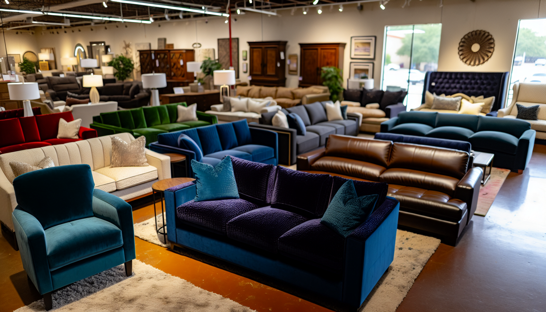 Various affordable sofas displayed in a furniture store in Austin