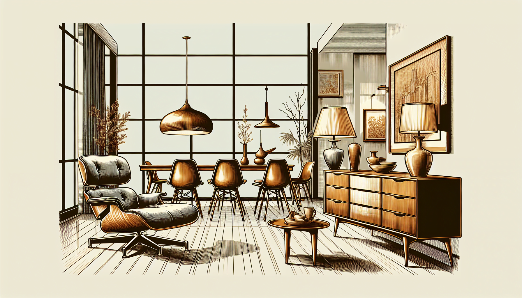 A charming illustration of a curated collection of mid century modern furniture pieces