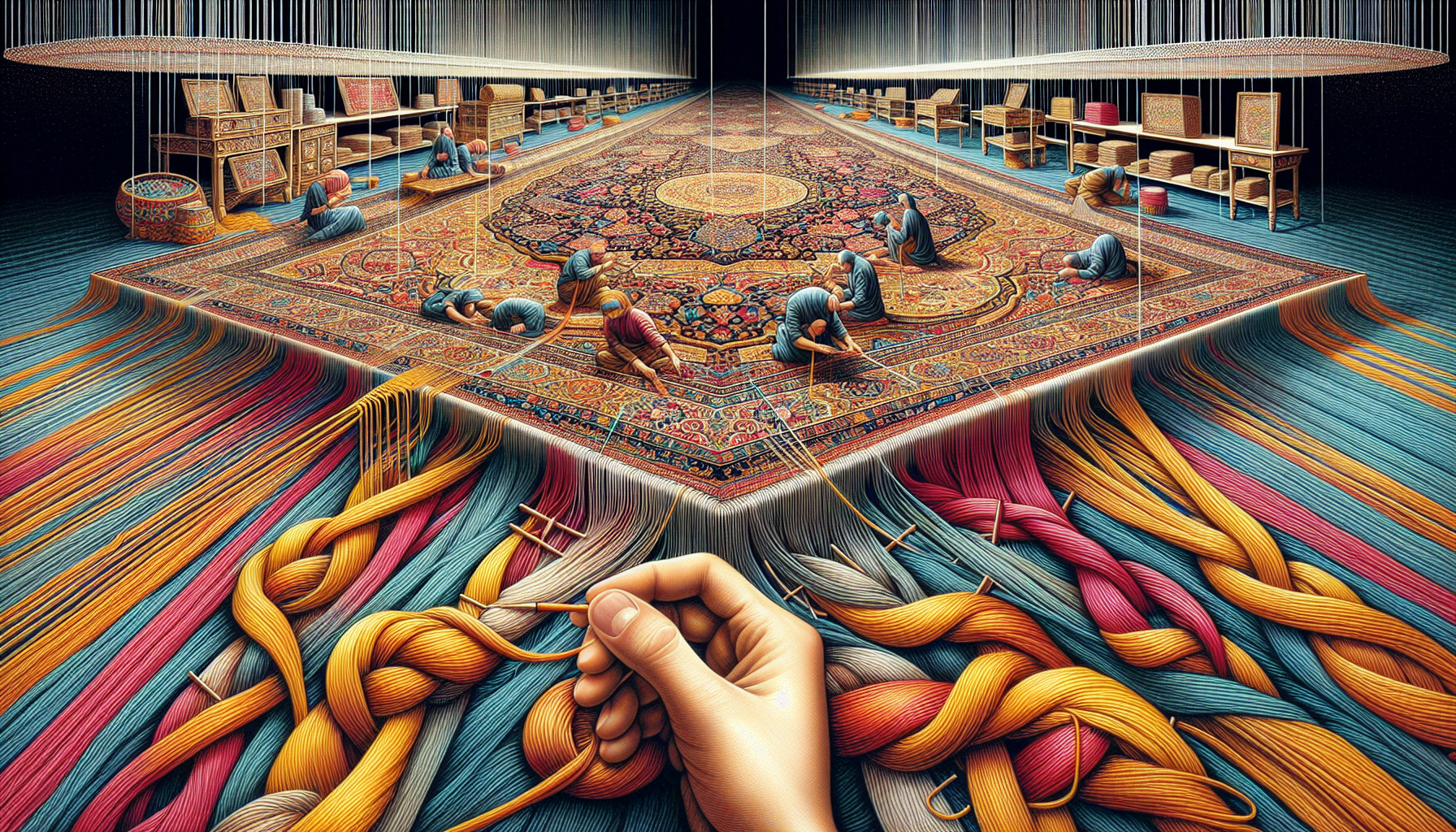 Illustration of the knotting process in Persian rugs, showcasing the symmetrical Turkish (Ghiordes) knot and the asymmetrical Persian (Senneh) knot