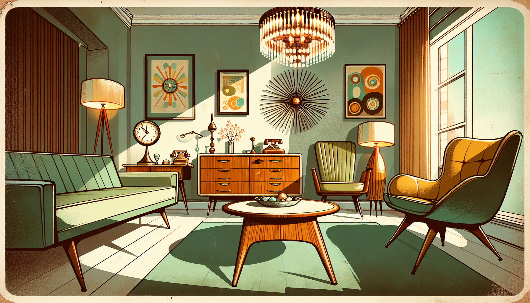 A whimsical illustration featuring midcentury modern furniture and vintage decor in a retro setting