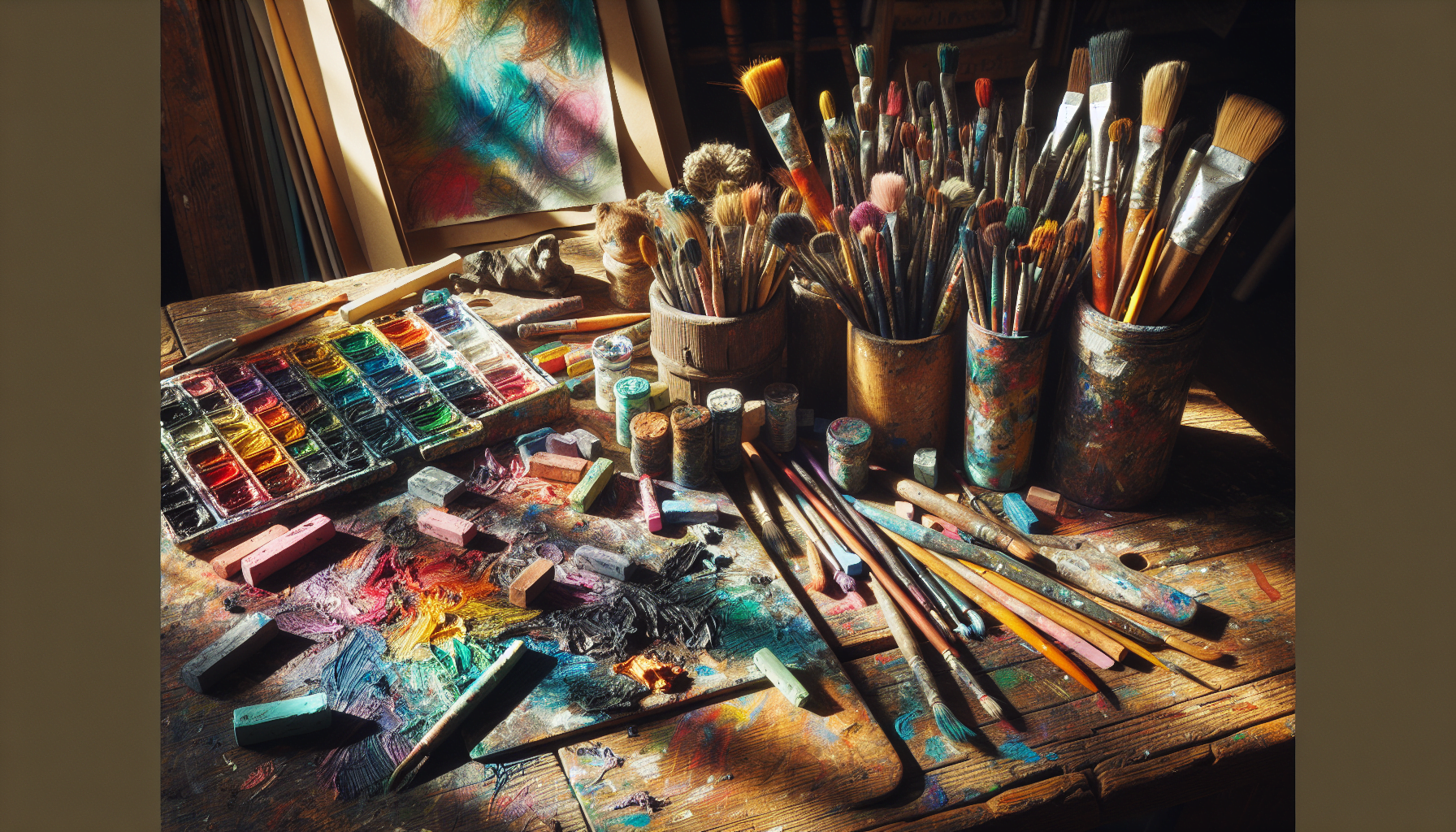 Diverse art supplies and tools in a creative workspace