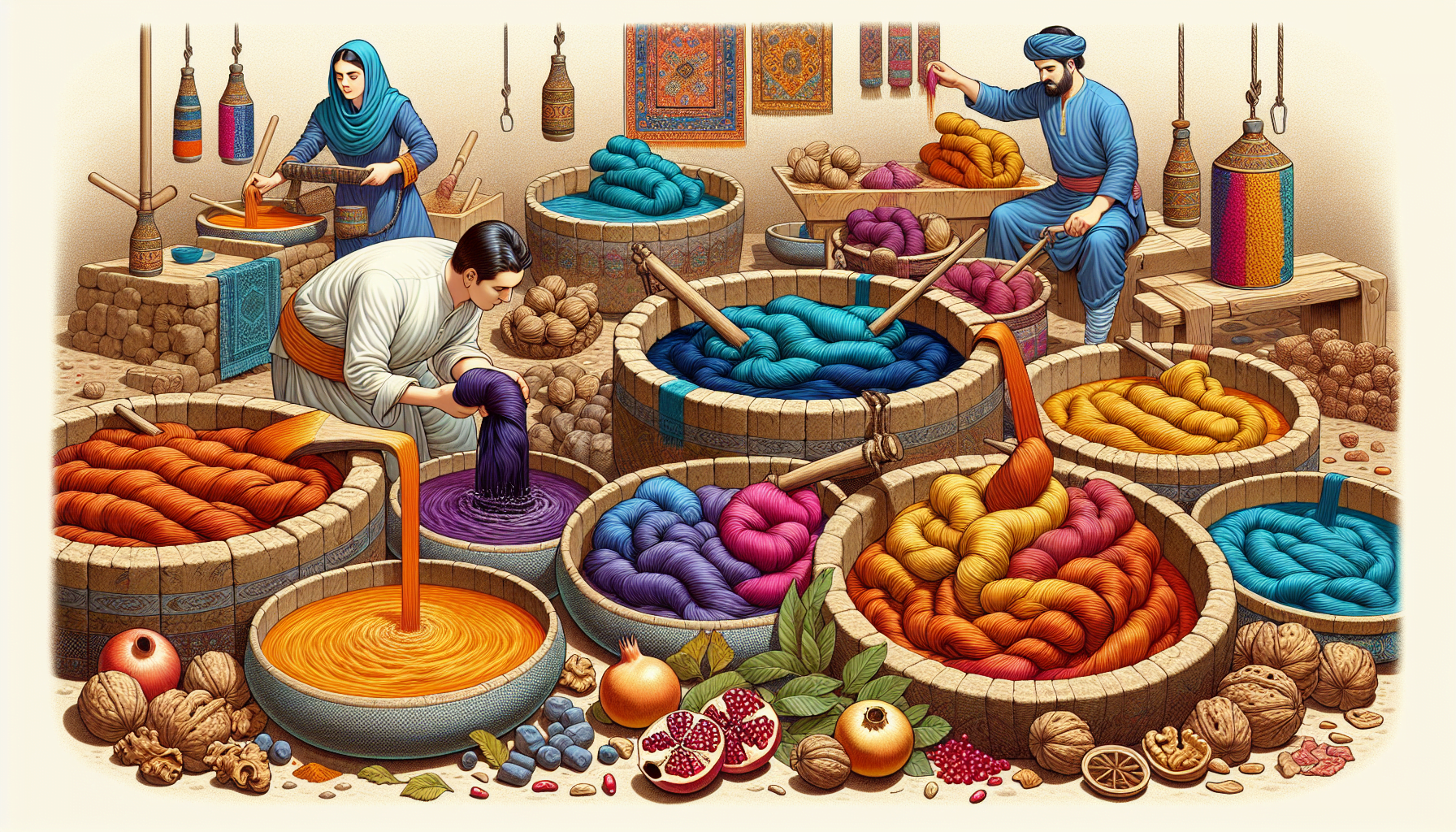 Illustration of natural dyeing process for Persian rugs