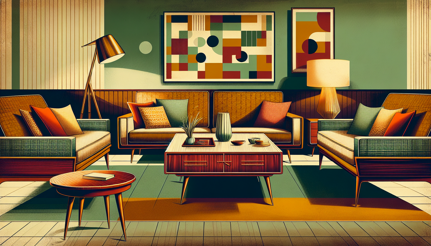 A colorful illustration of a retro living room with mid century modern furniture and vintage decor