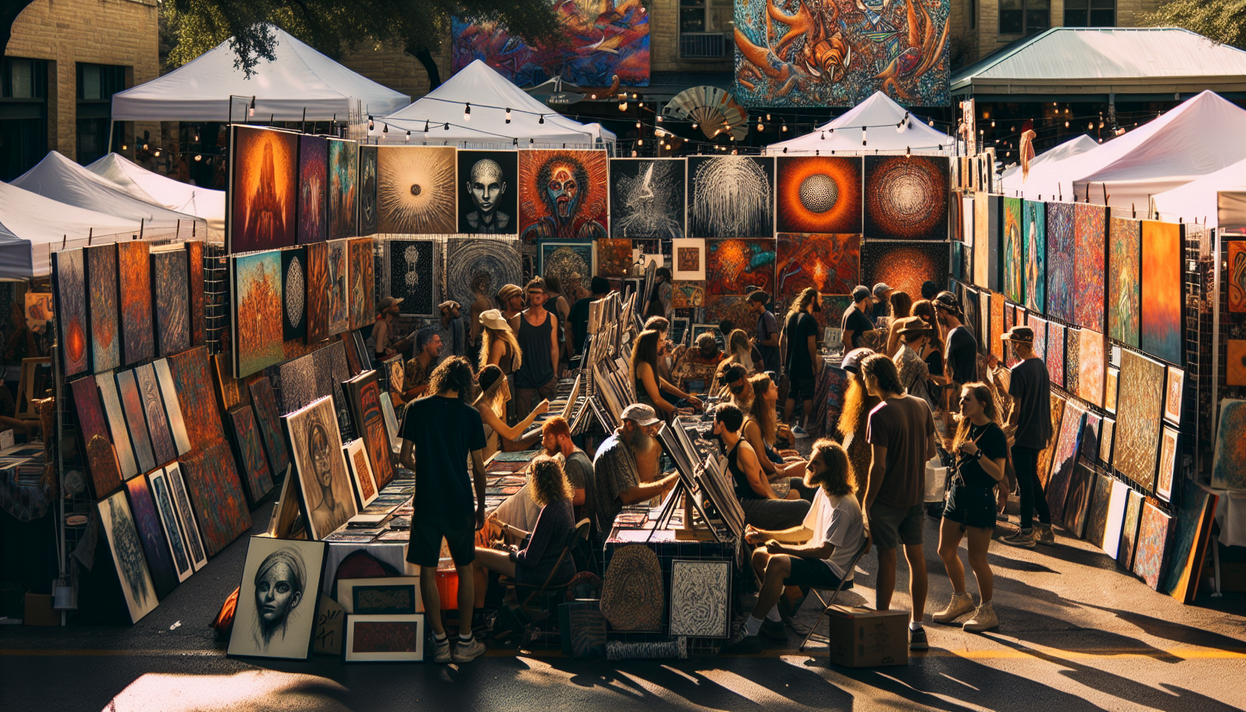 Colorful outdoor art market with bustling crowd and artist stalls