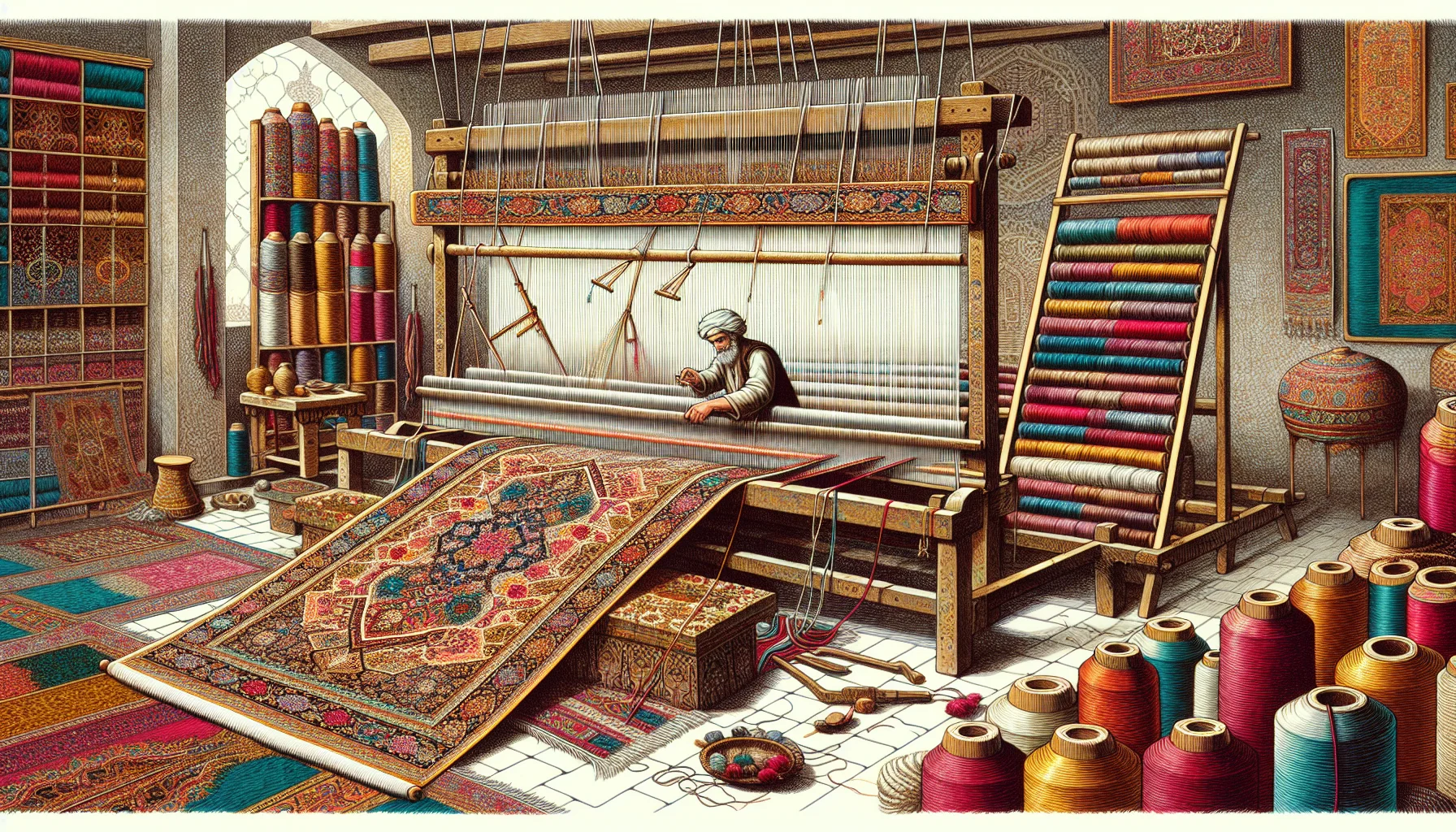 Illustration of traditional weaving techniques for Persian rugs