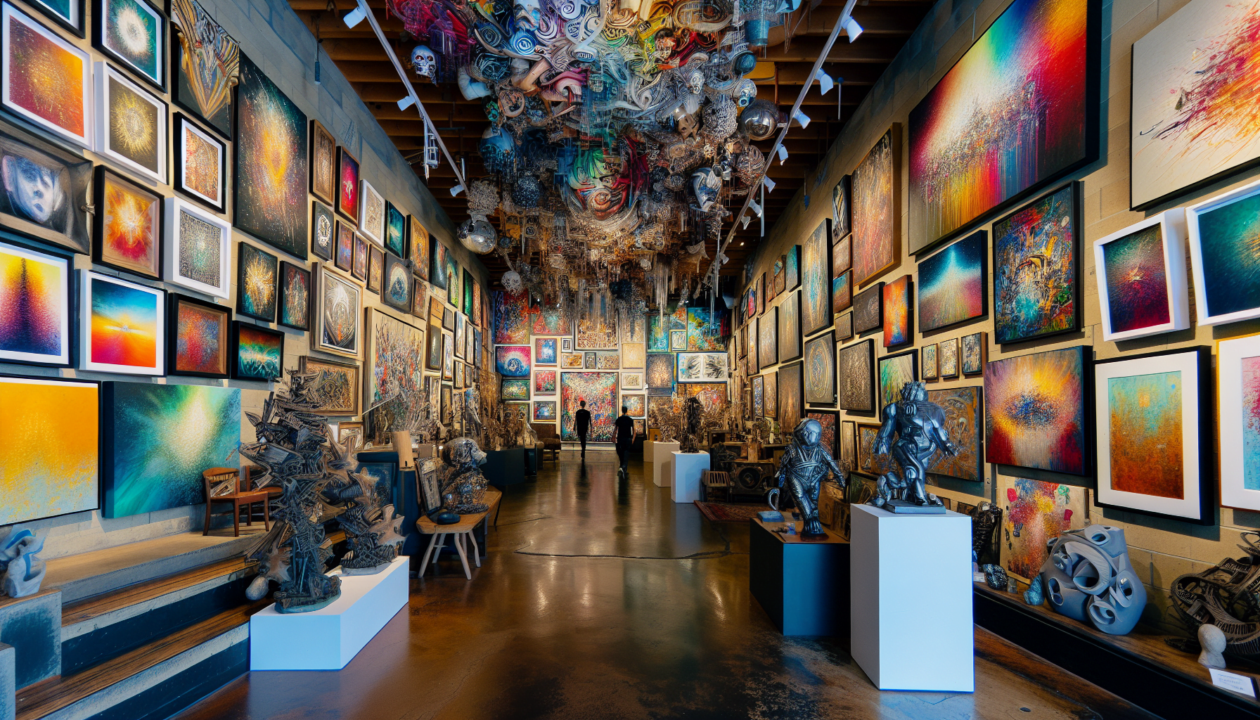 Vibrant art gallery interior with diverse artworks on display