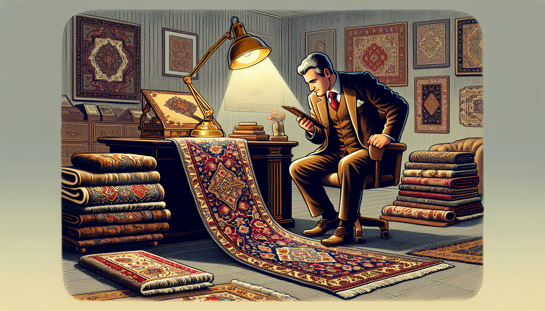 Illustration of reputable dealer inspecting persian rug