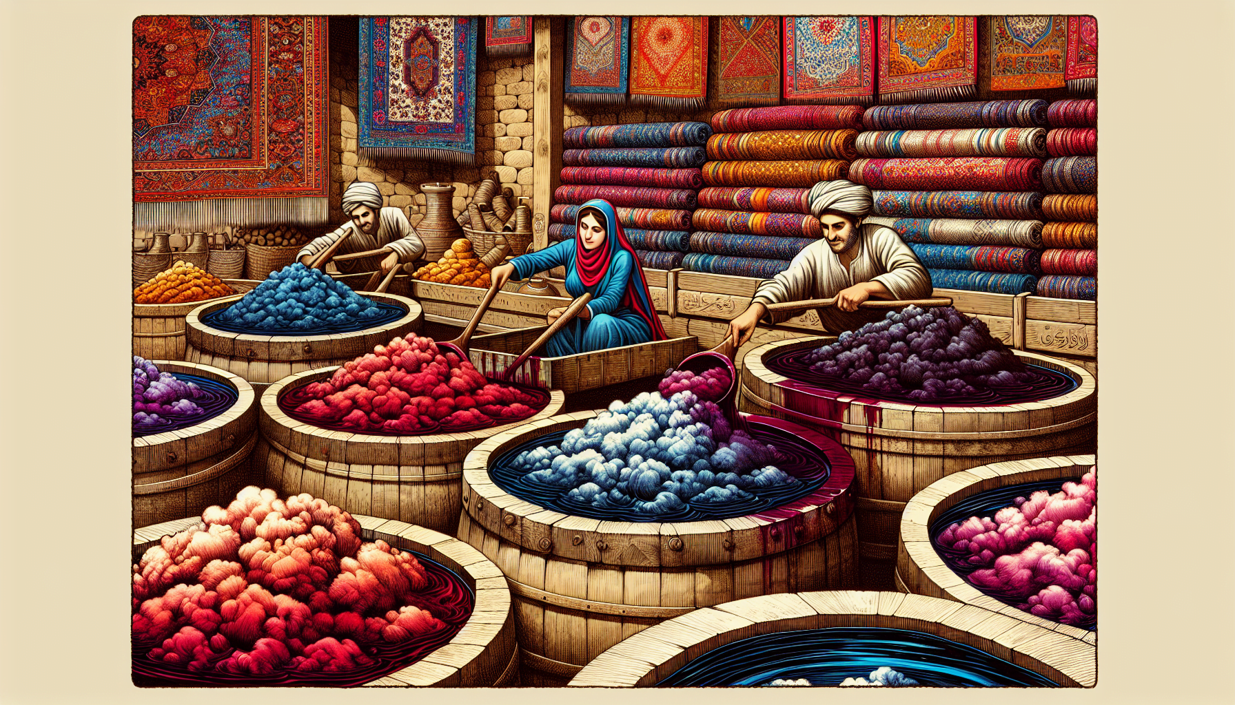 Illustration of the process of dyeing wool using natural vegetable dyes for Persian rugs