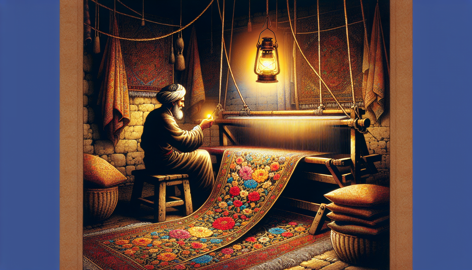 Artistic illustration of skilled artisan hand-knotting a Persian rug