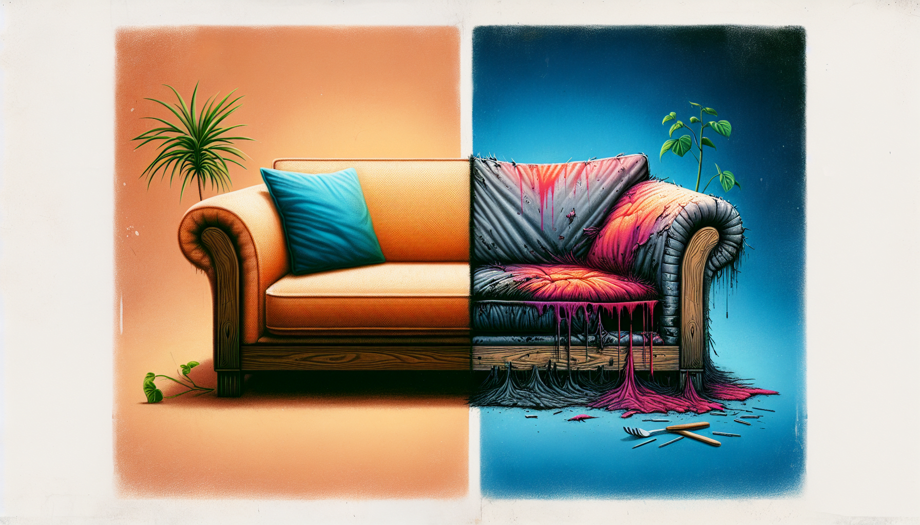 Comparison of a gently used sofa and a stained, broken sofa