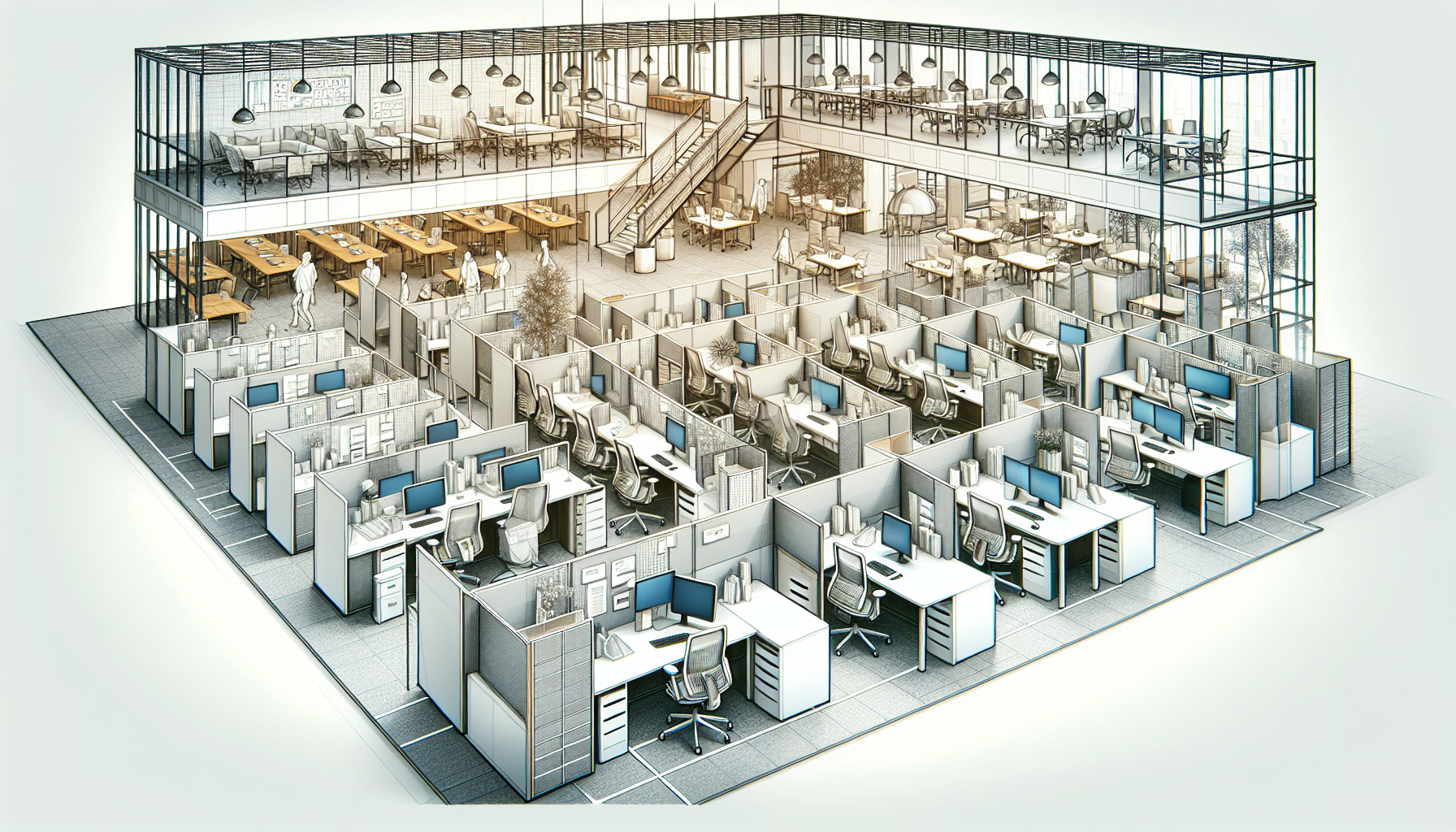 Illustration of used cubicles and workstations for maximizing office space