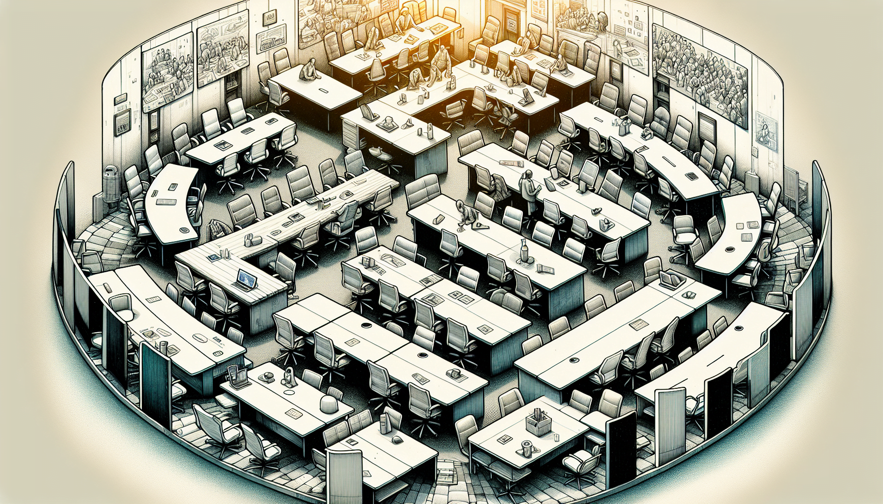 Illustration of pre-owned conference tables for collaborative spaces