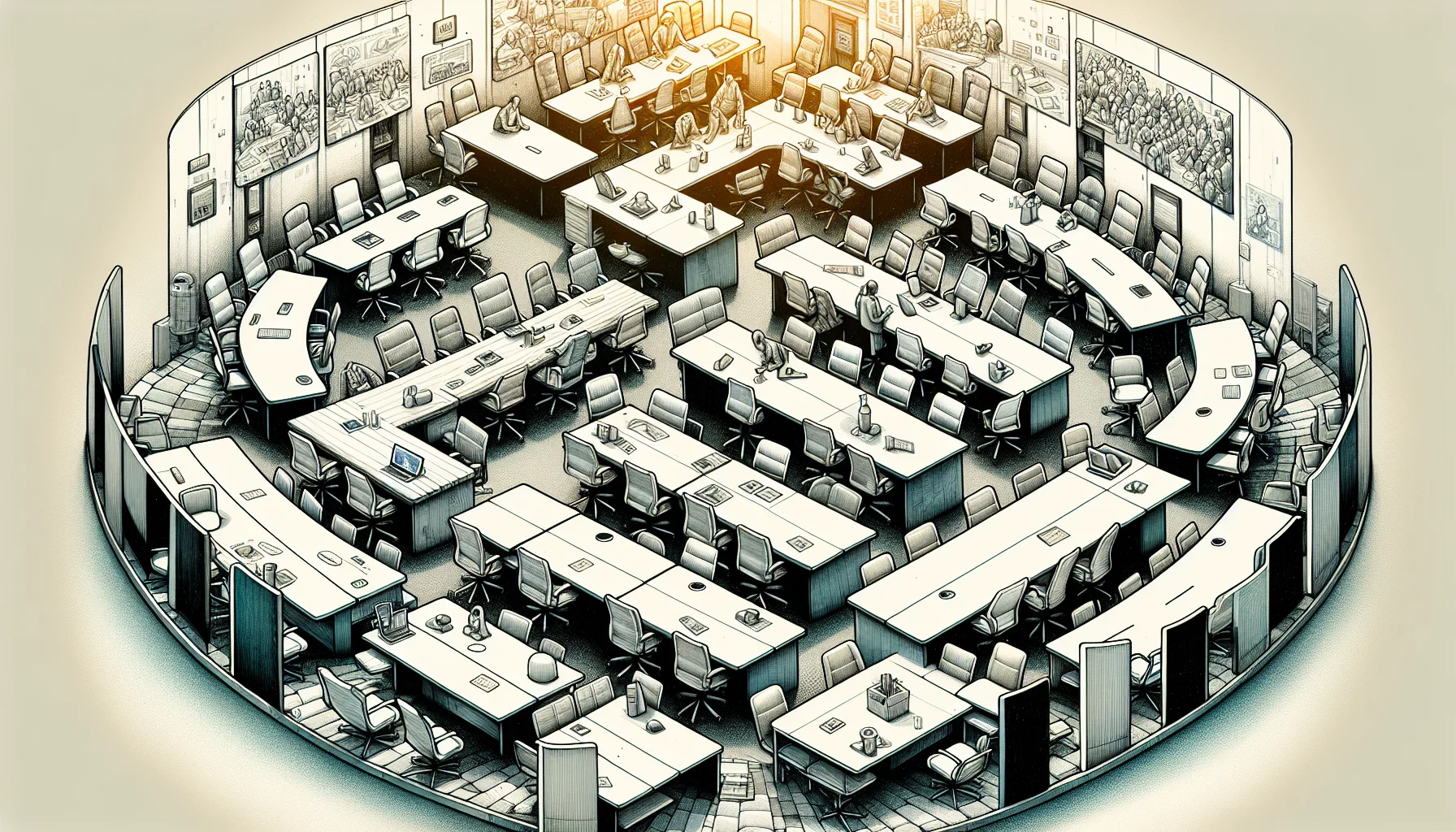 Illustration of pre-owned conference tables for collaborative spaces