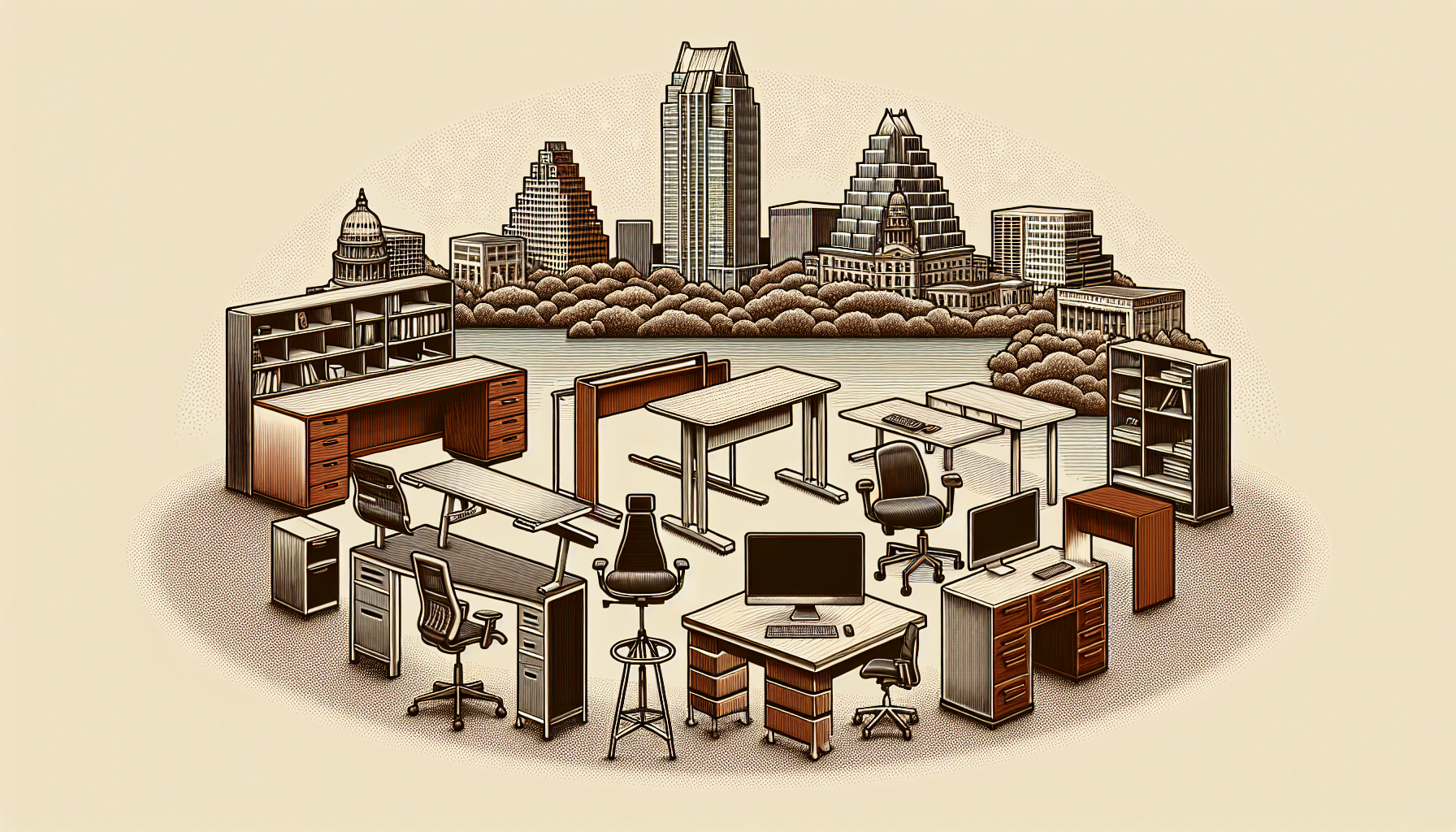 Illustration of a variety of affordable used office desks in Austin