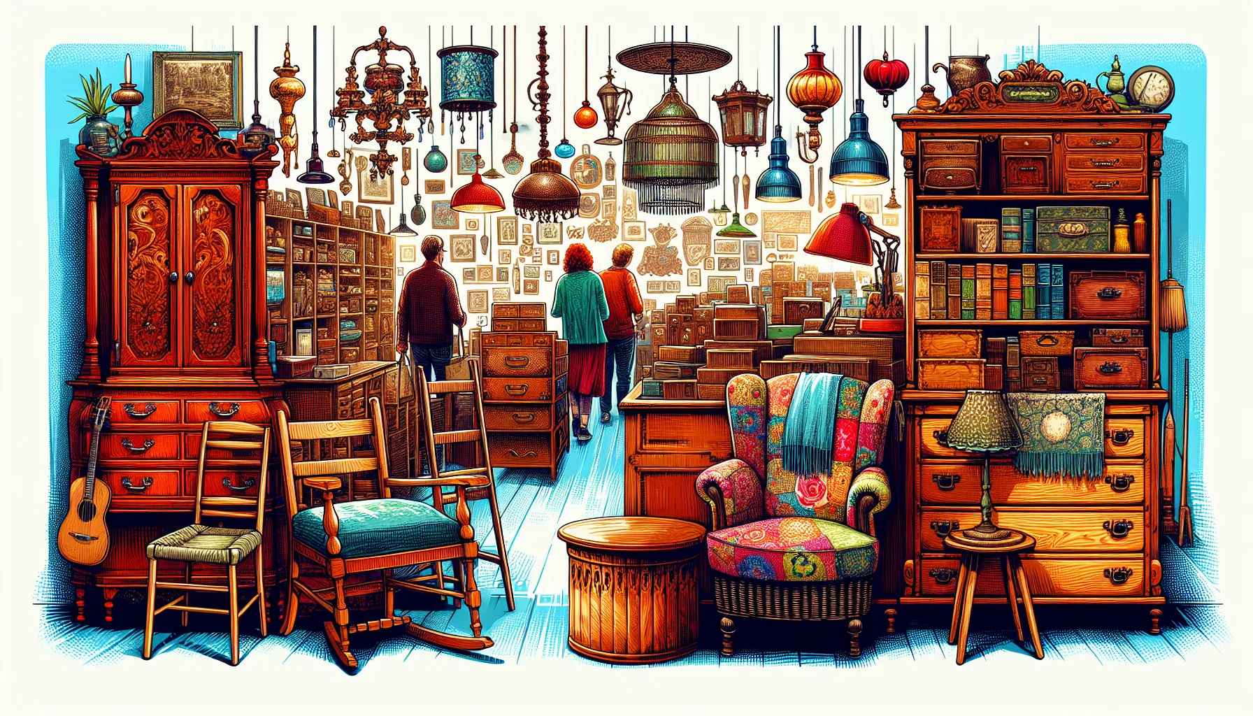 Illustration of a thrift store with diverse second hand furniture