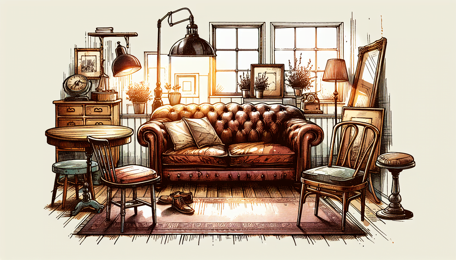 Illustration of a living room with various types of used furniture