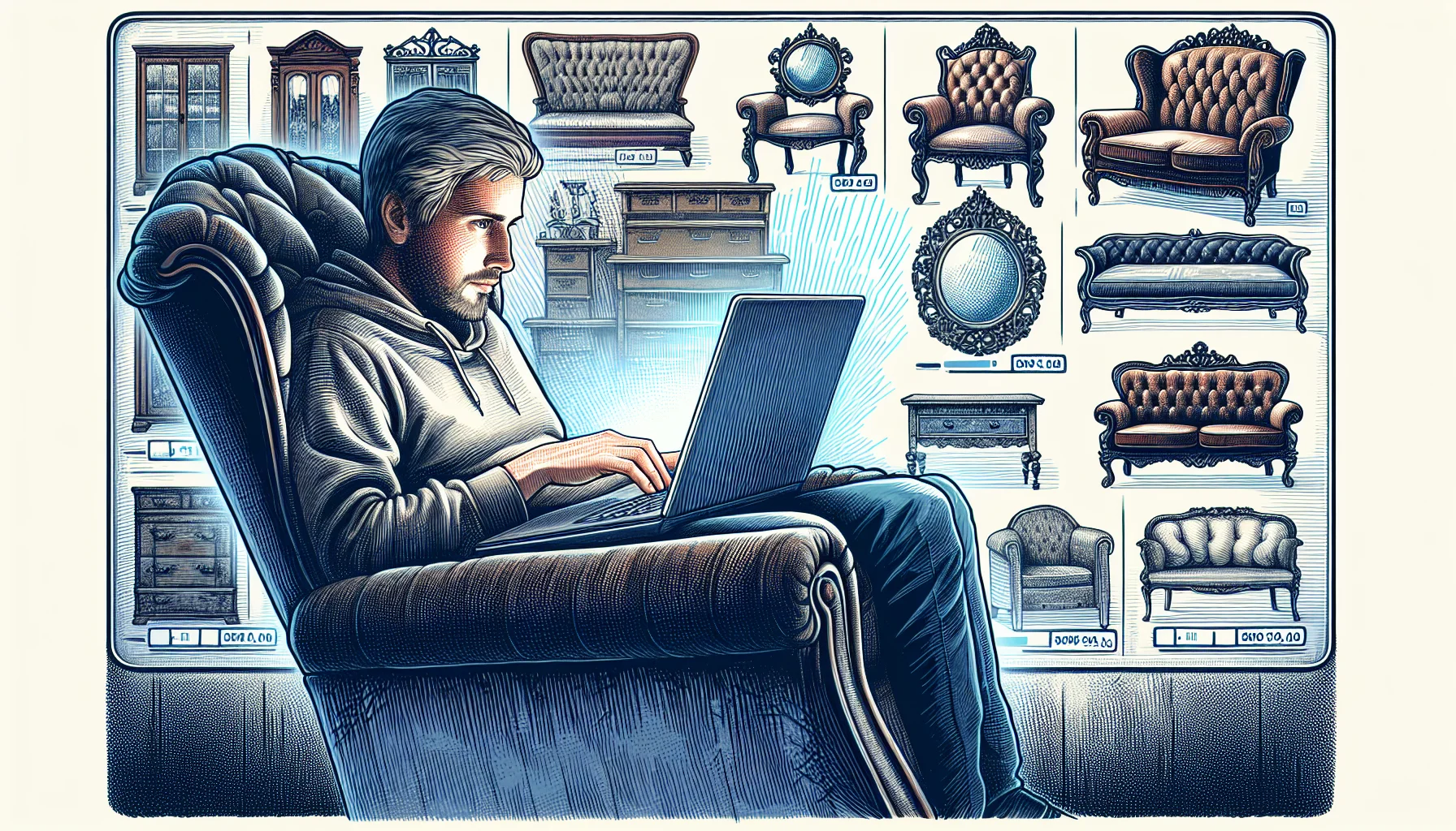 Illustration of browsing second hand furniture online