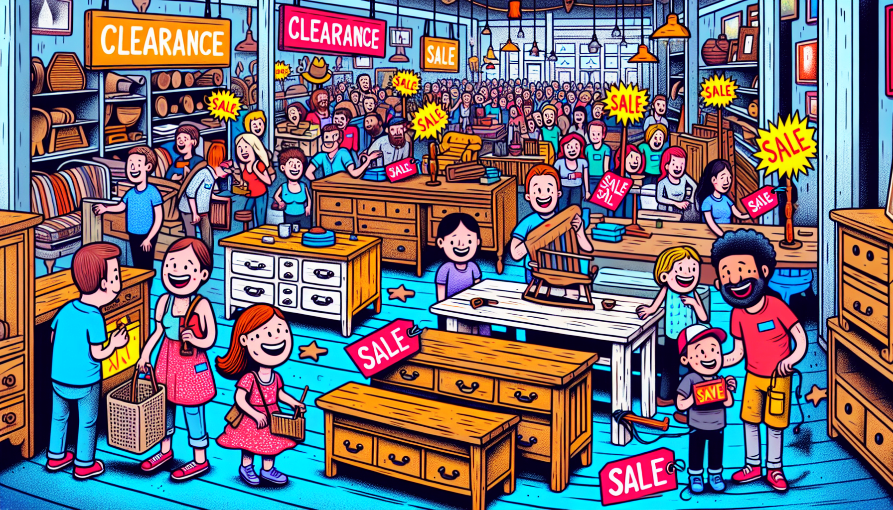 Illustration of clearance sale at a furniture store
