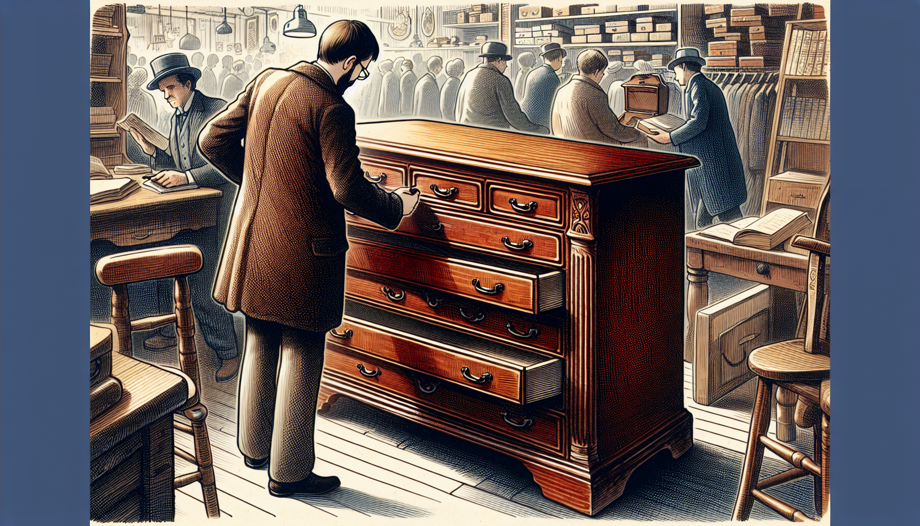 Illustration of inspecting second hand furniture before purchase