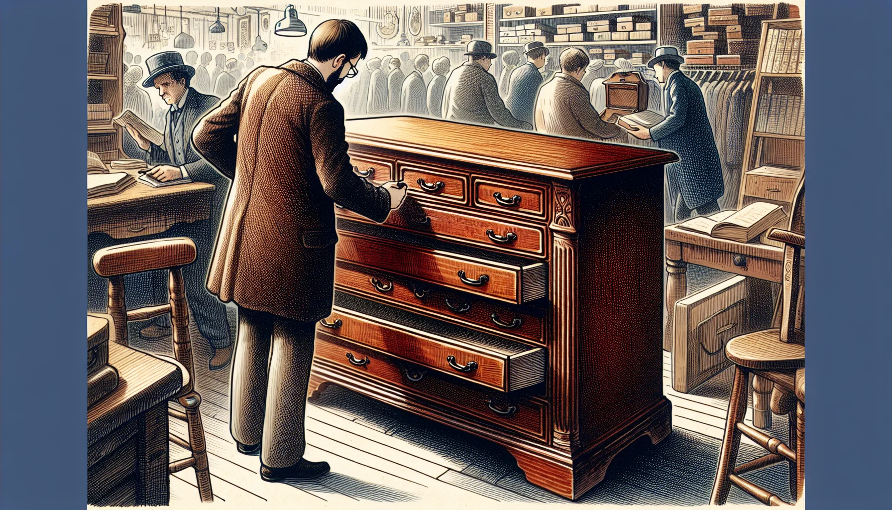 Illustration of inspecting second hand furniture before purchase