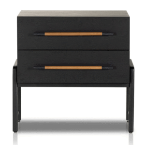 black nightstand with cognac leather pulls