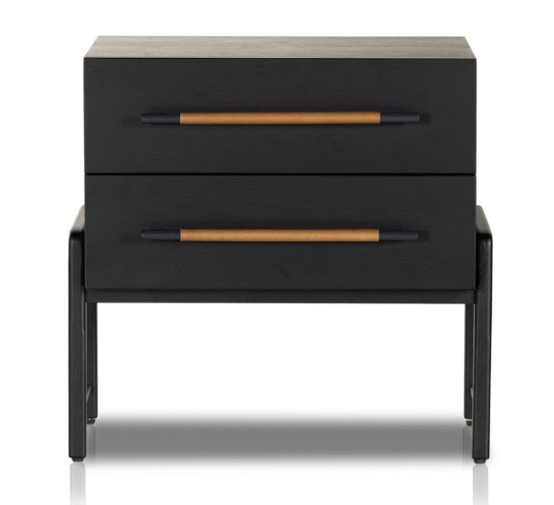 black nightstand with cognac leather pulls