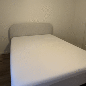 Casper queen mattress, headboard (light grey/white), and bed frame (black)