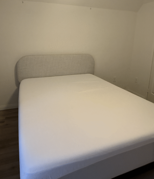 Casper queen mattress, headboard (light grey/white), and bed frame (black)
