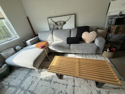 Copenhagen Imports 3-Seat Couch with Chaise, light gray, 112"