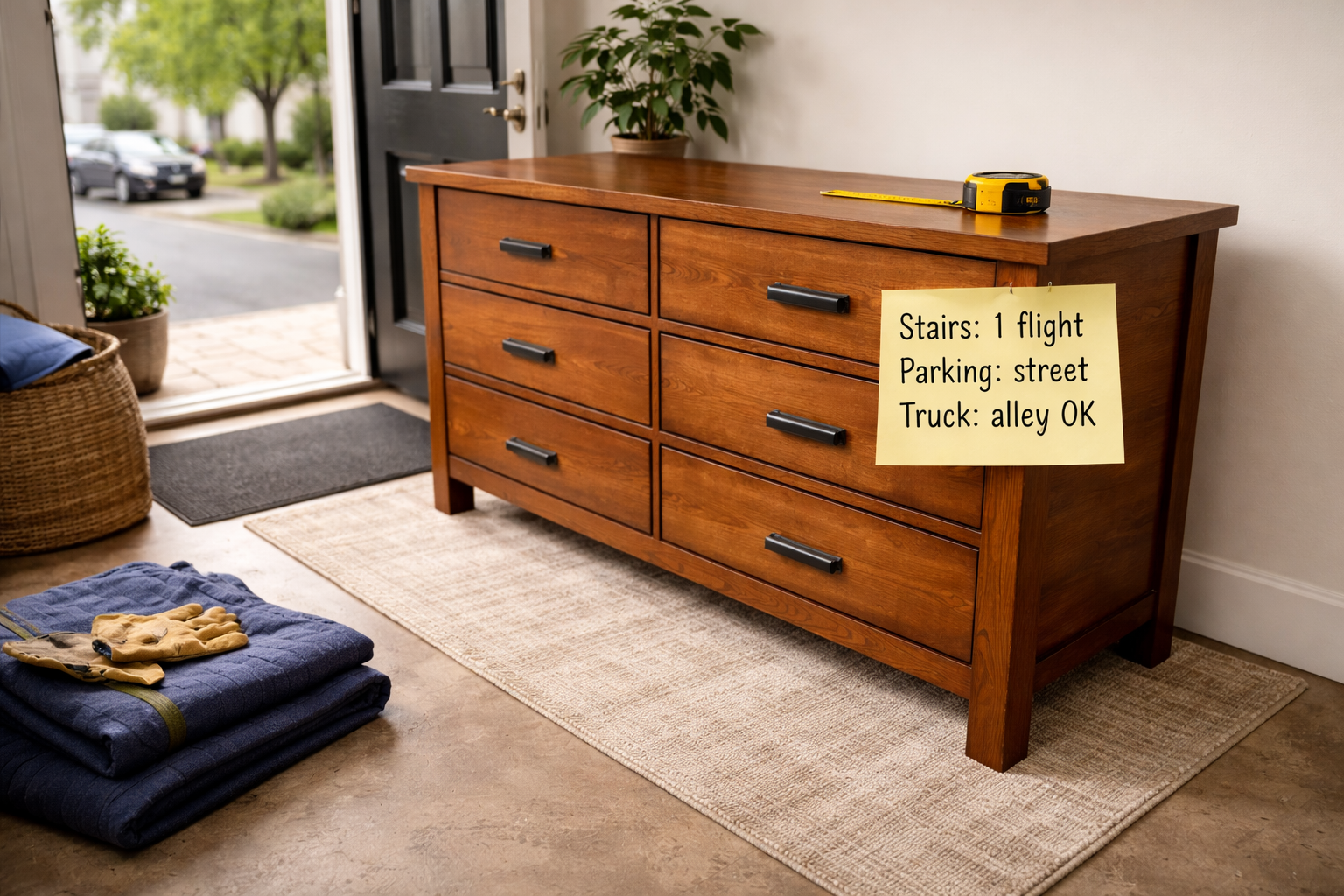 Buyer pickup setup example in Charlotte with clear path, stairs notes, and truck access notes