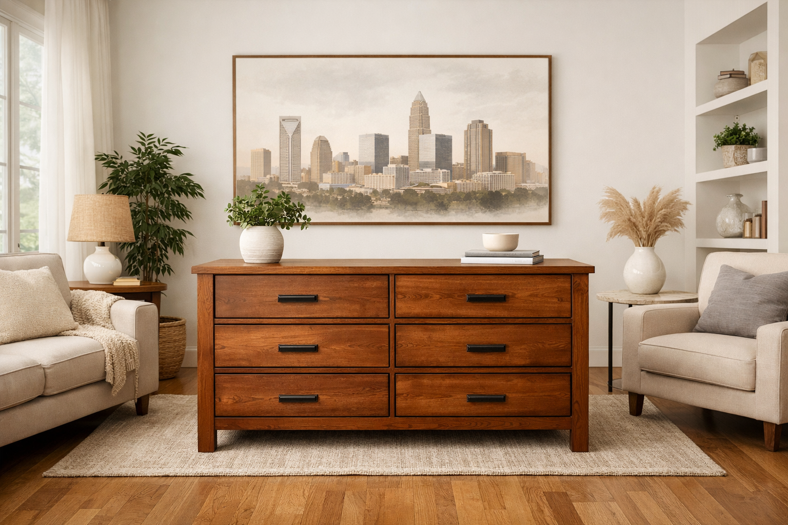 Furniture resale in Charlotte, NC with a clean staged room and a solid wood piece