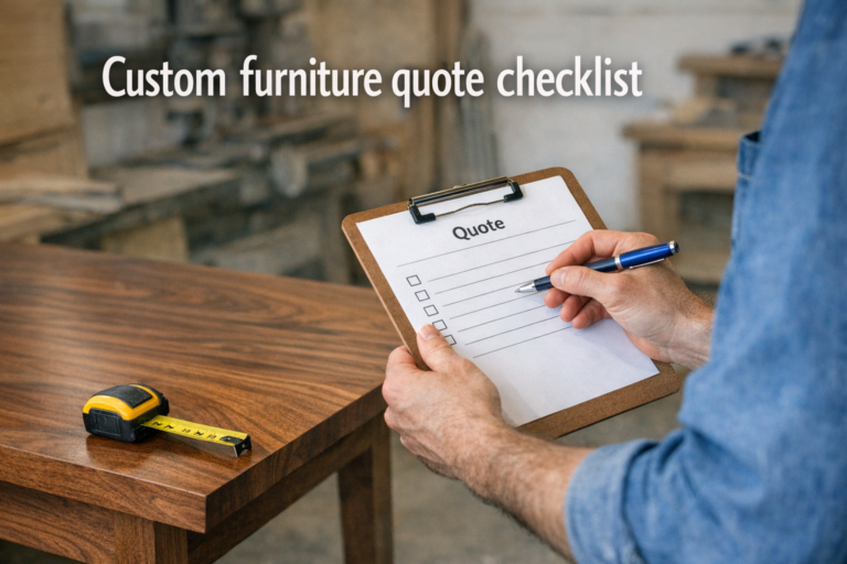 Woodworker measuring a walnut table while filling out a custom furniture quote.