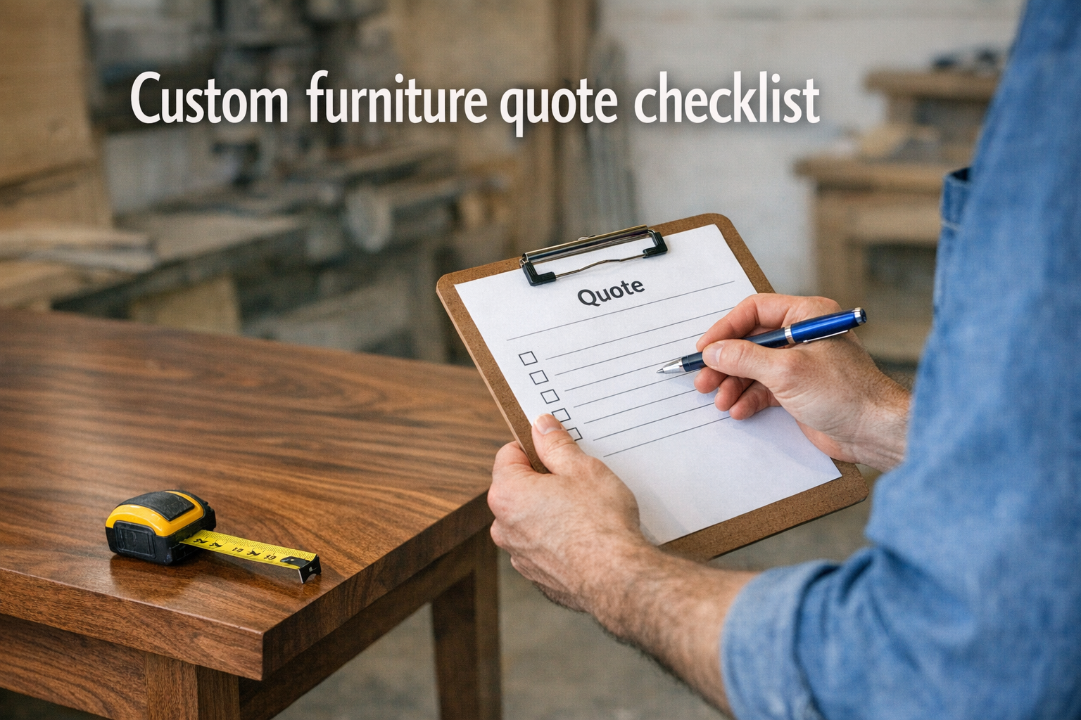 Woodworker measuring a walnut table while filling out a custom furniture quote.