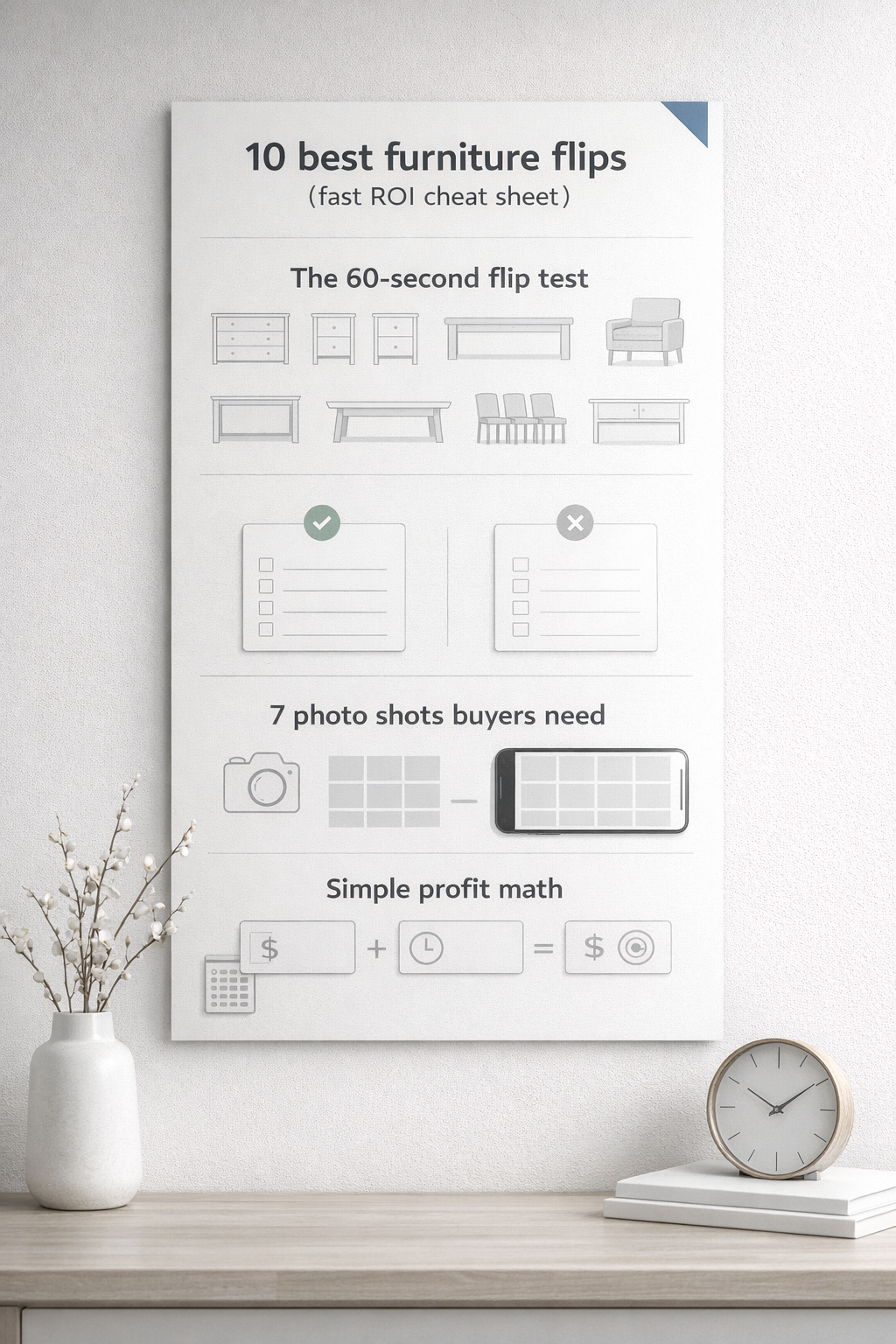 Furniture flipping cheat sheet infographic with best items, flip test, photo checklist, and profit math