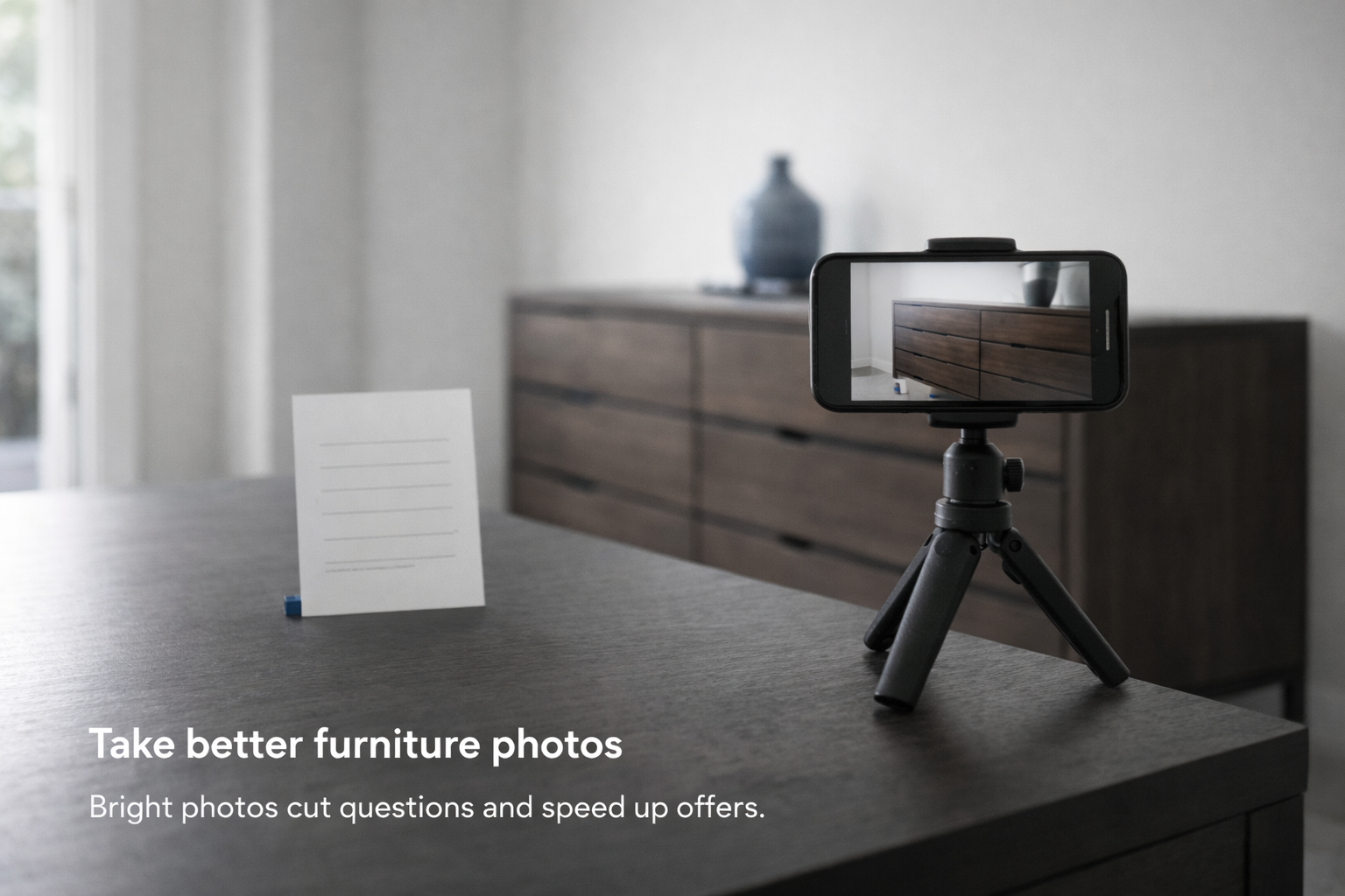 Phone on a tripod aimed at a furniture piece with a blank checklist card beside it