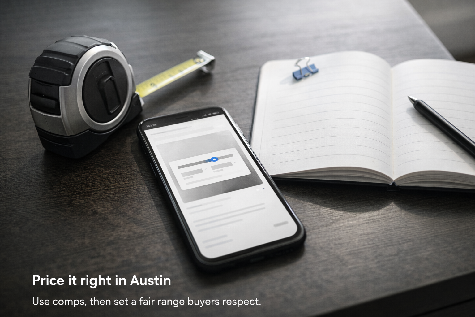 Close-up of tape measure, notebook, and phone showing a simple price range card