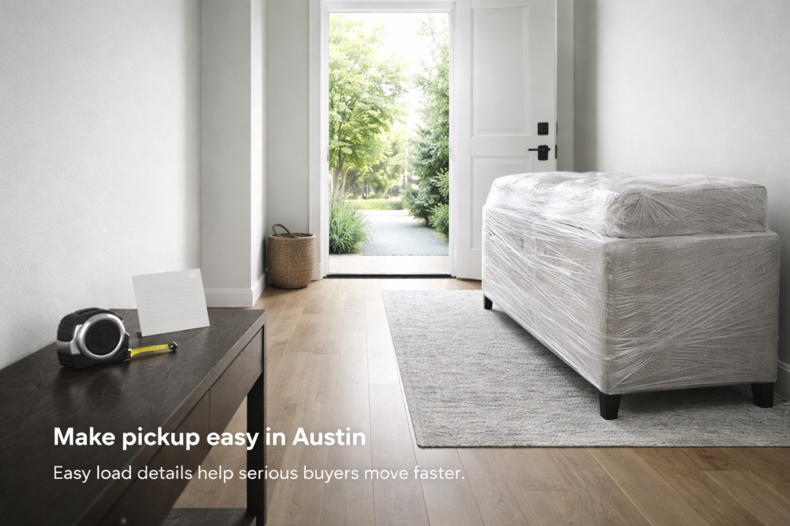 Wrapped furniture staged near a doorway with a clear path and a small note card