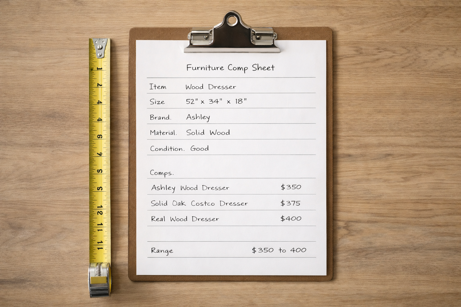 Furniture comp sheet for the blue book pricing method