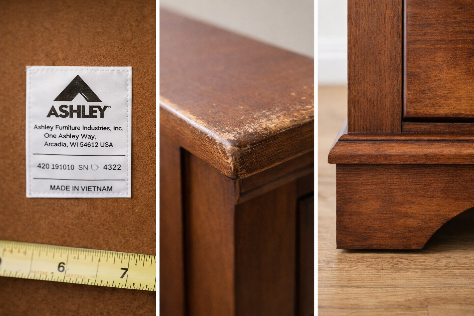 Close-up photos showing label, wear, and joints for used furniture listings