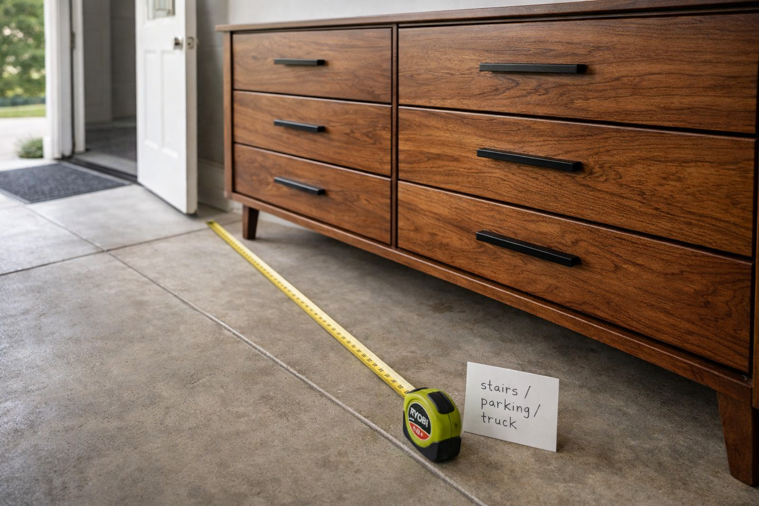 Furniture staged near a door for pickup in Columbus, OH with a clear path and a tape measure