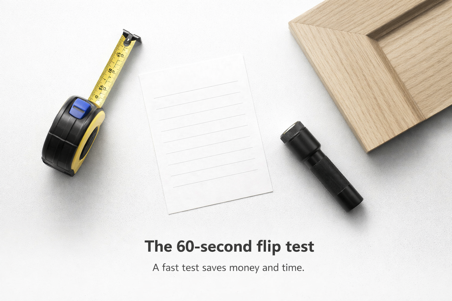 60-second furniture flip test checklist with tape measure, flashlight, and wood sample