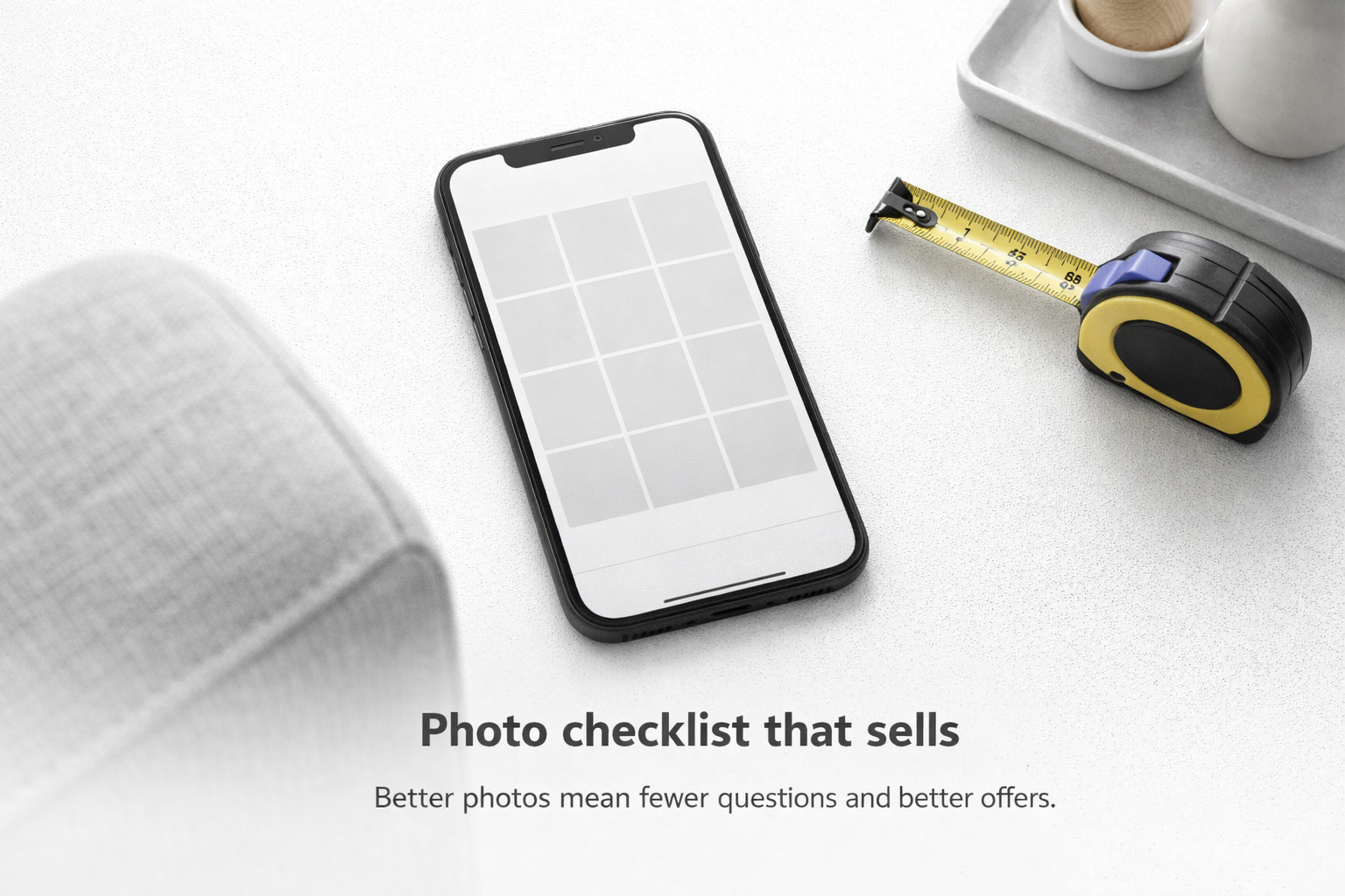 Photo checklist for selling furniture with phone listing grid and tape measure