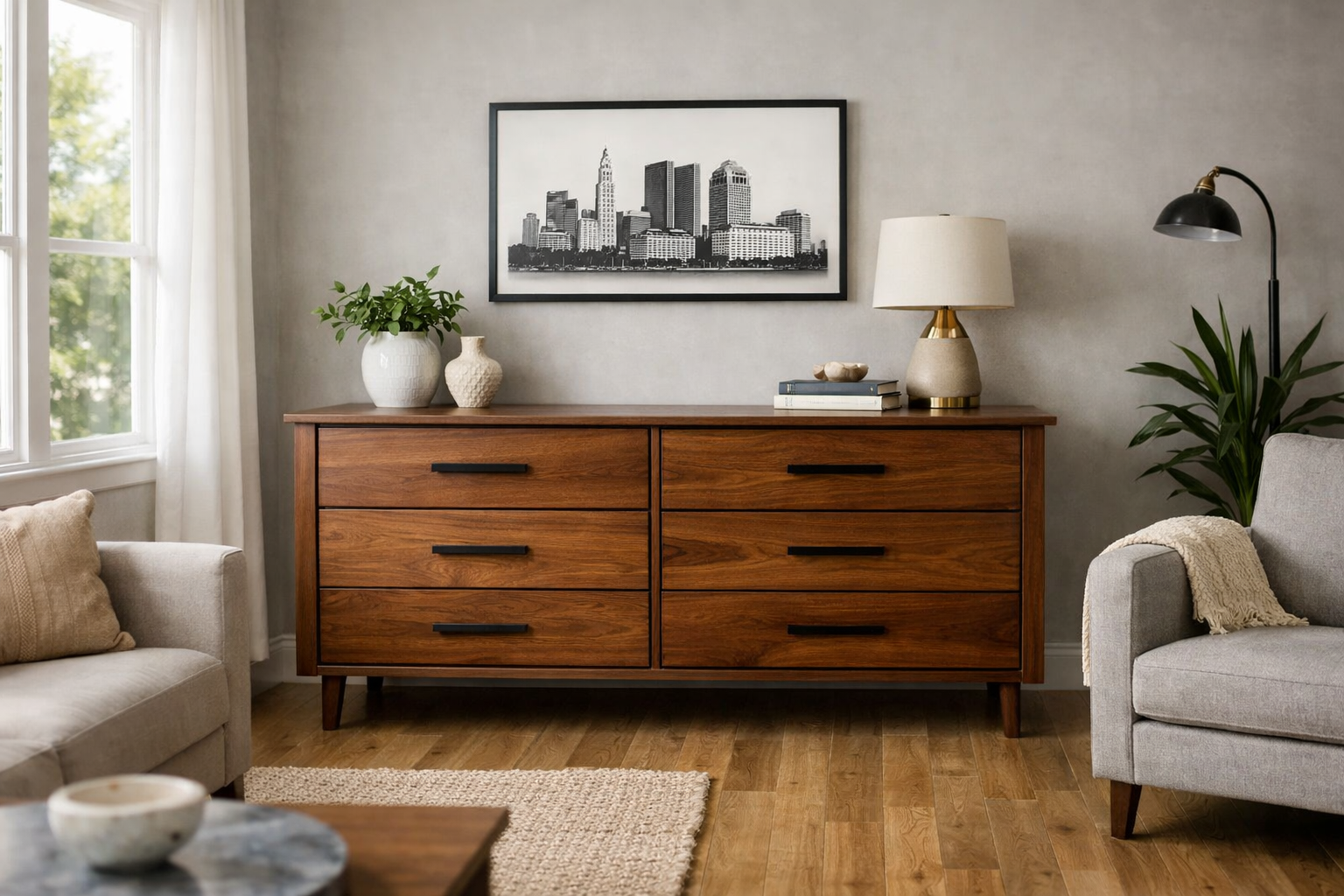 Furniture resale in Columbus, OH with a clean staged room and a solid wood piece