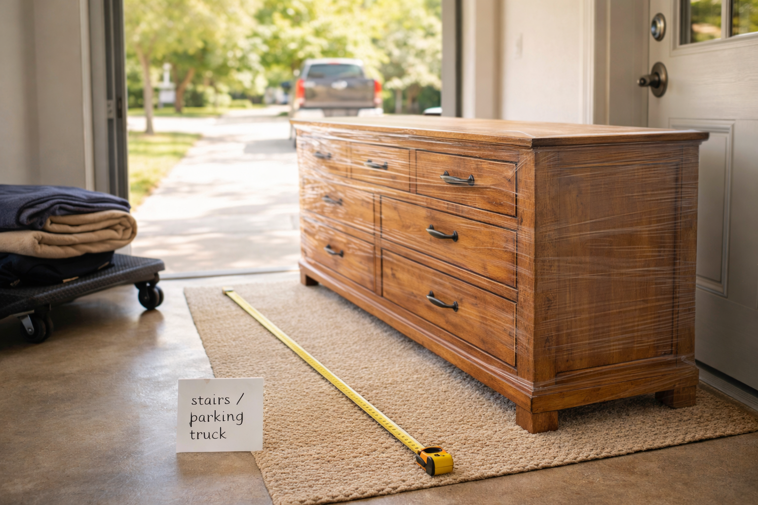 Buyer pickup setup with a clear path, tape measure, and simple stairs and parking notes
