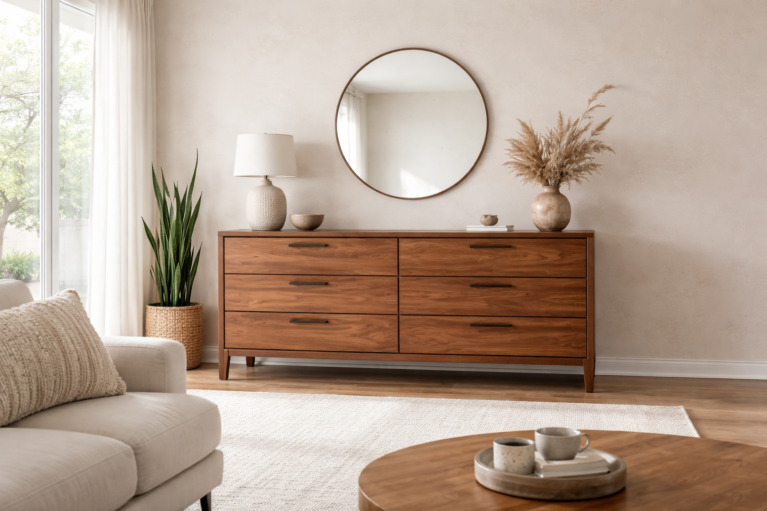 Furniture resale in Phoenix with a clean staged room and a solid wood piece