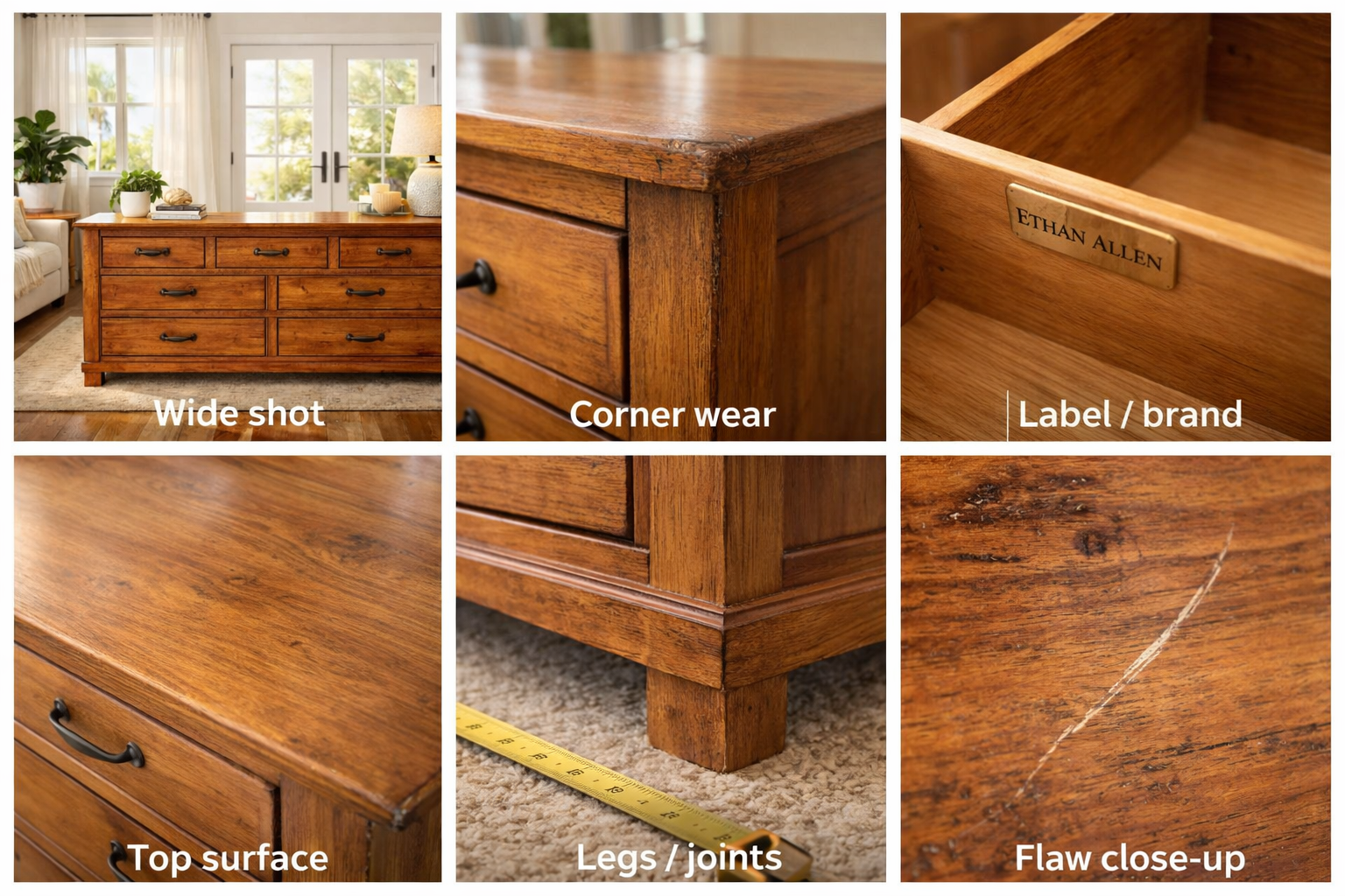 Photo coach collage showing wide shot, corners, label, top surface, legs, and flaw close-up