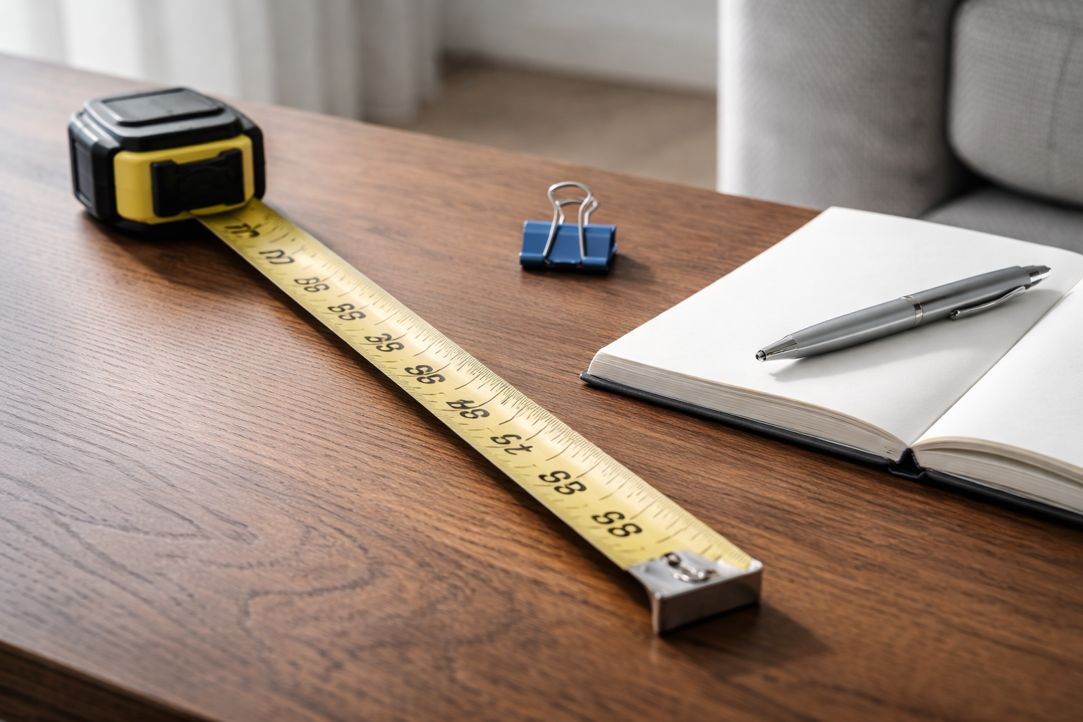 Furniture value calculator detail photo showing a tape measure and a close-up of material condition.