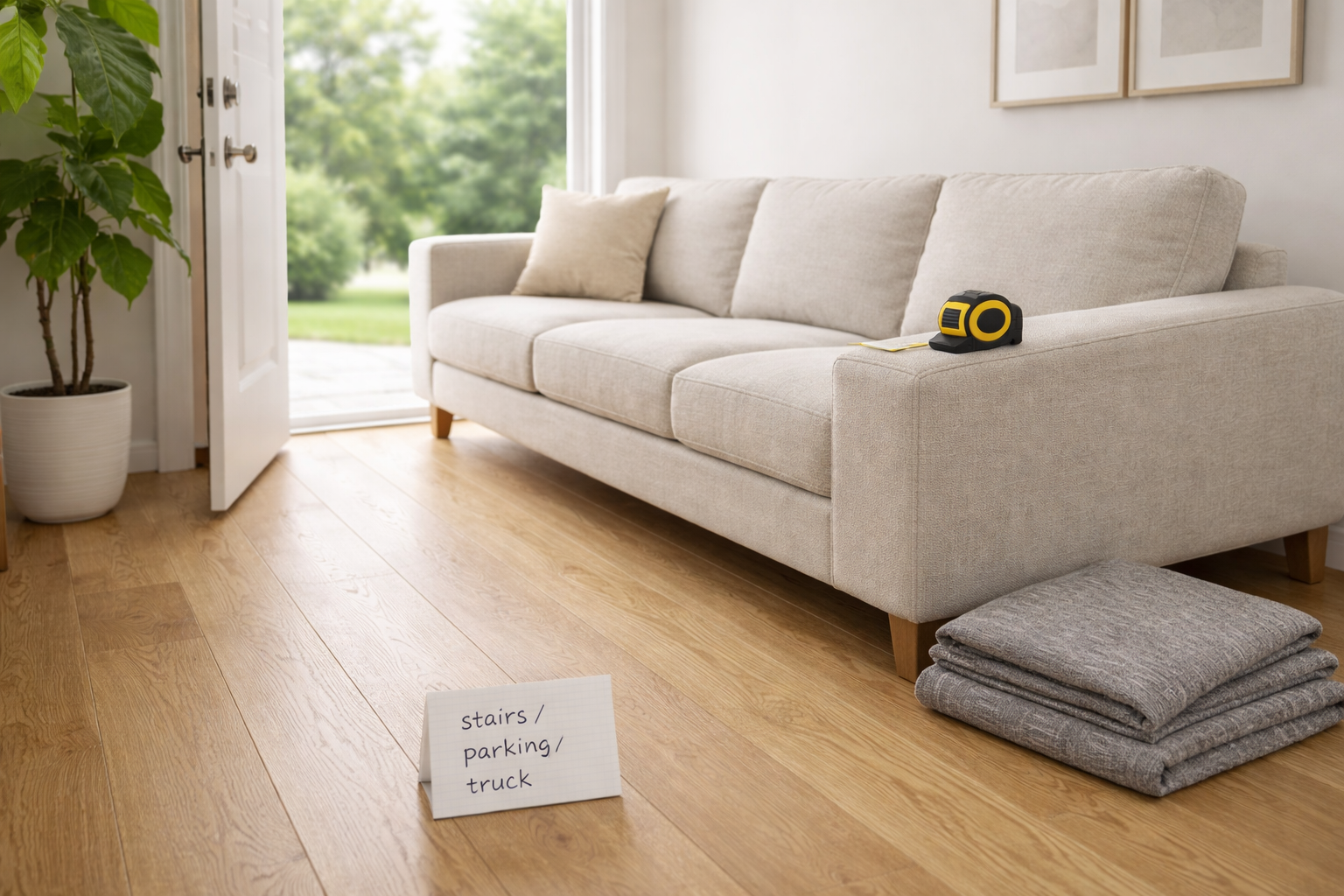 Used couch staged by a door with a tape measure and a note card that says stairs parking truck